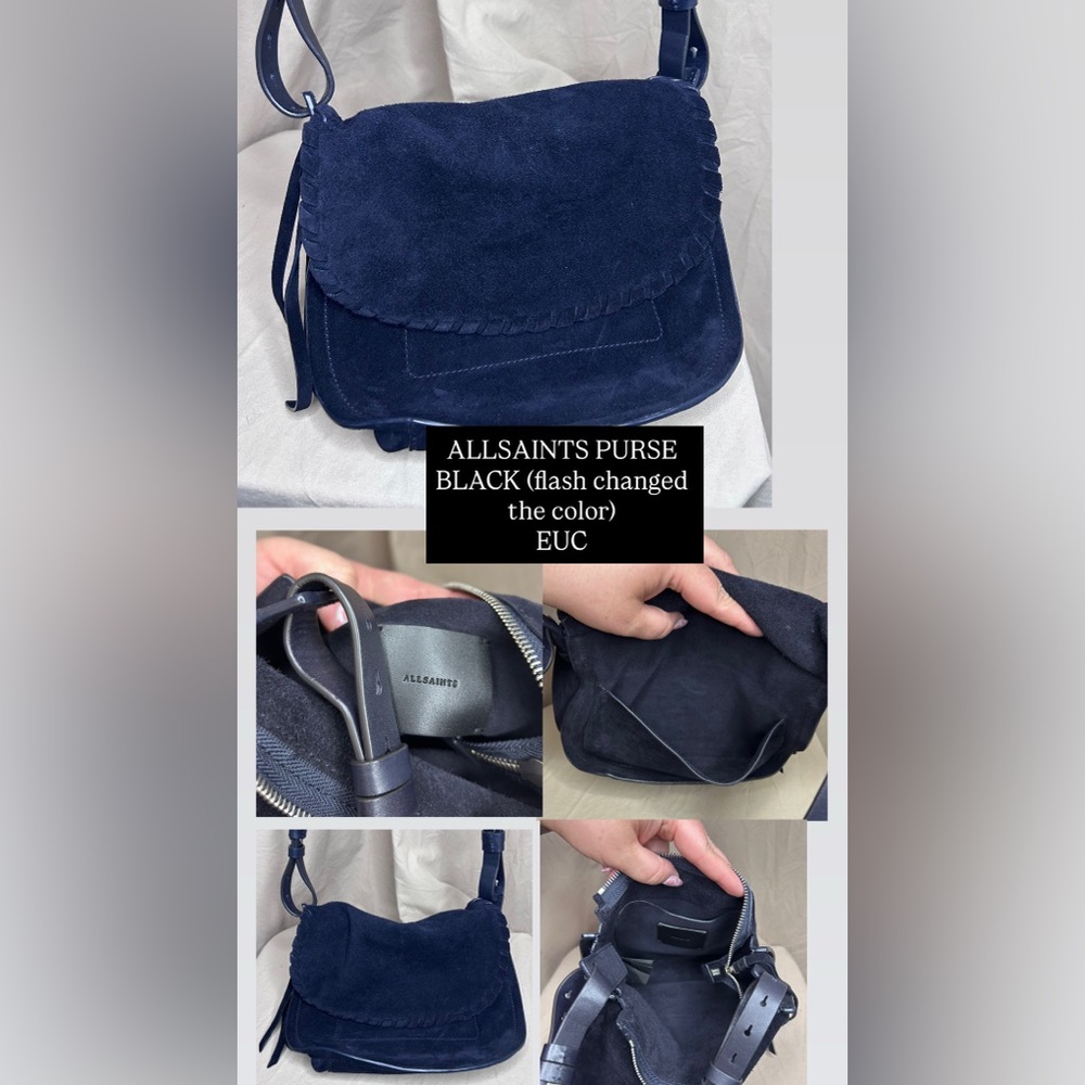 All Saints Dark Blue Suede Crossbody Bag